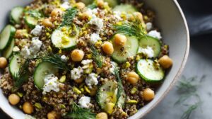 Close-up of a quinoa salad with chickpeas, cucumber, feta, dill, and chopped pistachios