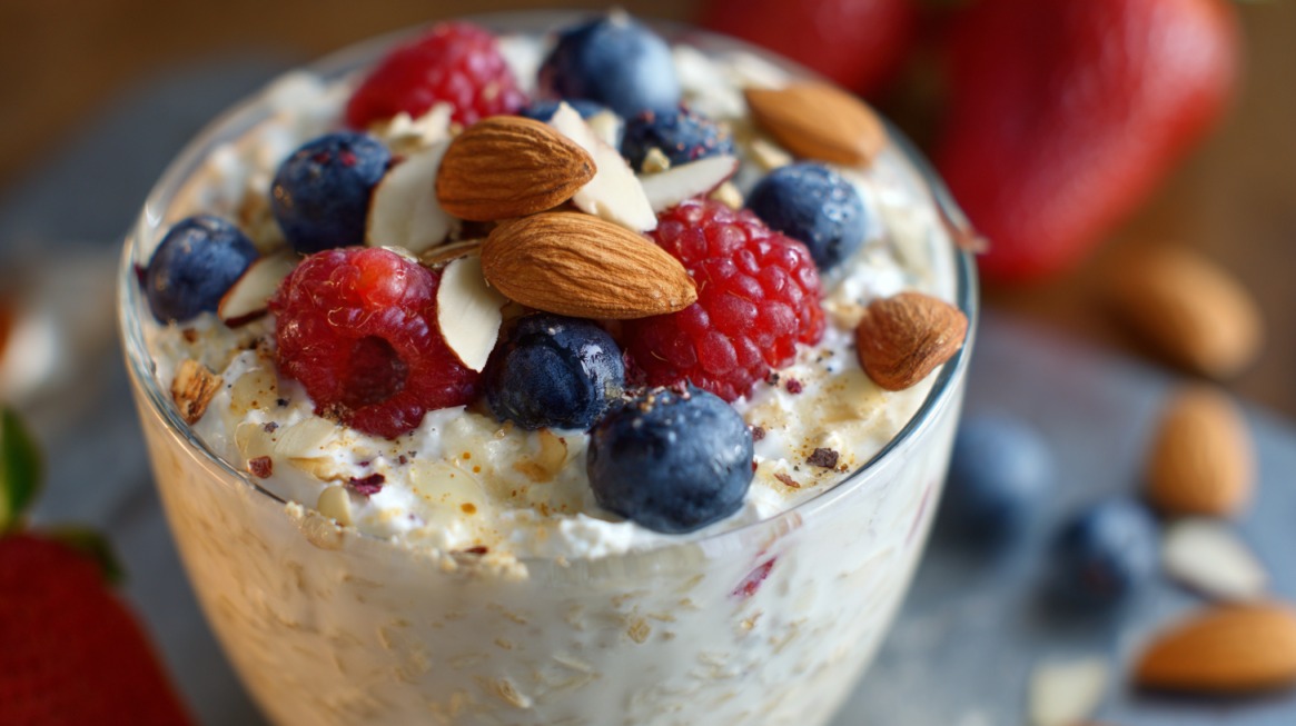 A glass of overnight oats mixed with cottage cheese, topped with raspberries, blueberries, and almonds
