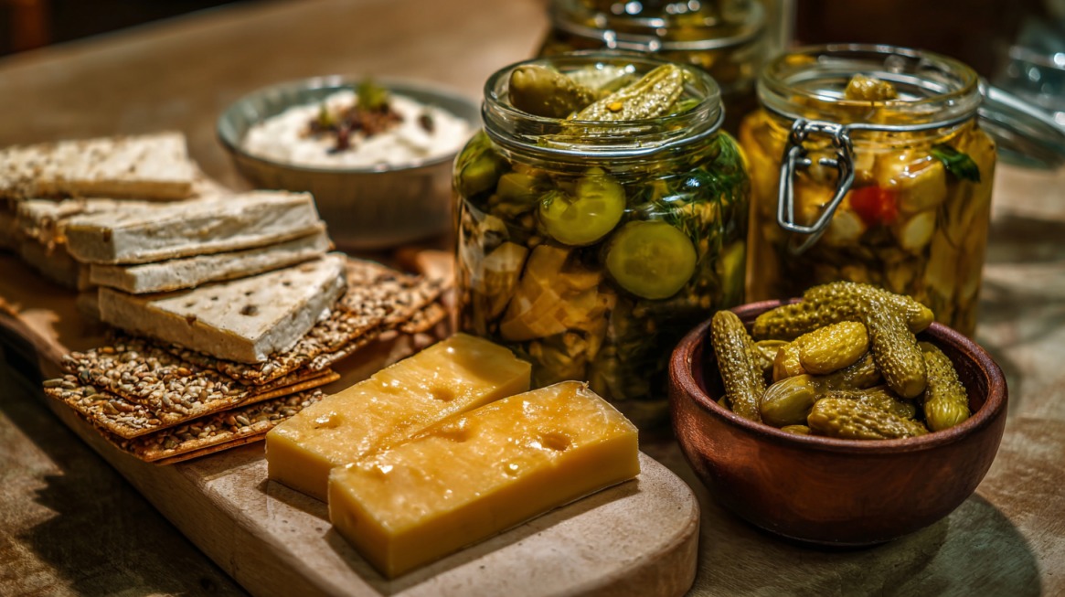 A rustic serving board with cheese, crackers, pickled vegetables in jars, and a bowl of gherkins