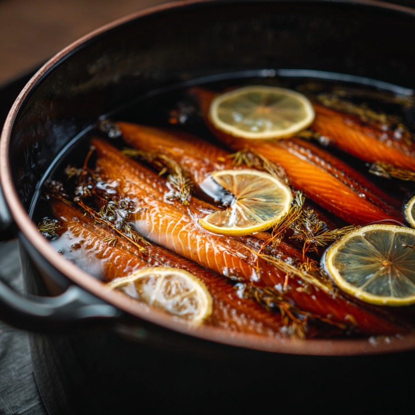 Sliced fish fillets in a brining solution with lemon slices and herbs in a pot