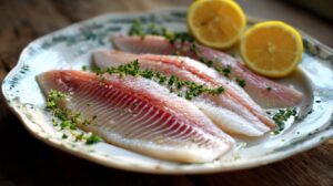 Raw white fish fillets on a decorative plate, garnished with fresh herbs and lemon halves