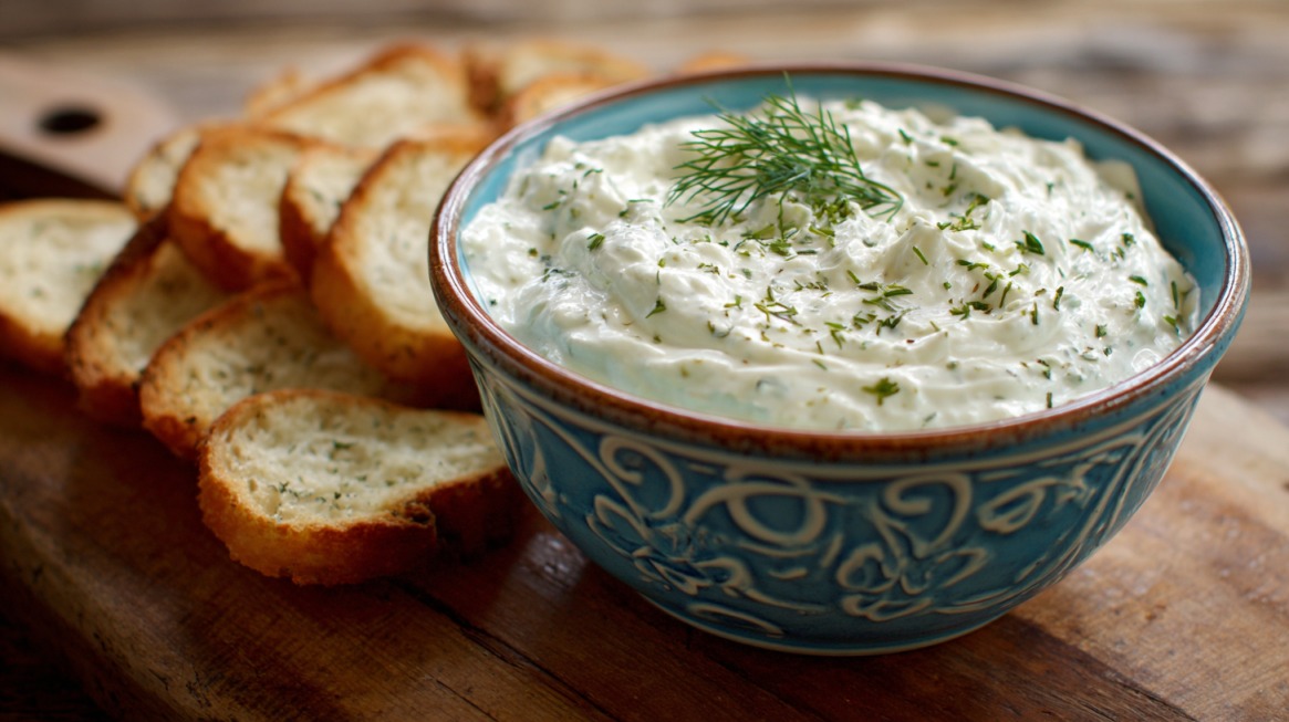 A blue bowl filled with whipped cottage cheese dip garnished with dill, served alongside sliced toasted bread