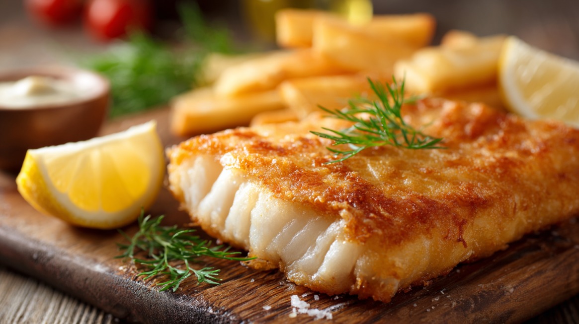 Close-up of a golden-brown fried cod fillet served with French fries, lemon wedges, fresh dill garnish, and dipping sauce in the background