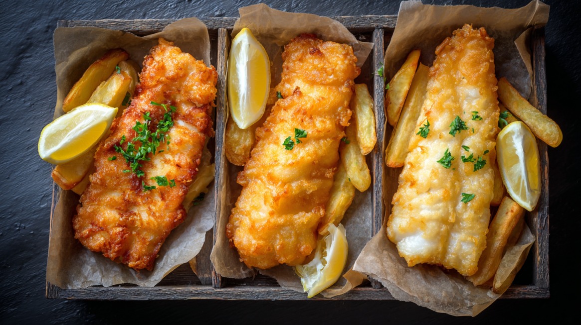 Three portions of golden-brown fried white fish fillets served in paper-lined trays with thick-cut fries, lemon wedges, and sprinkled parsley