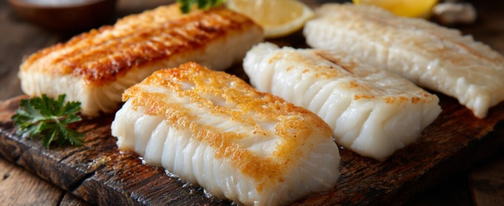Close-up of pan-seared white fish fillets (cod, haddock, and pollock) with golden crispy edges, served on a rustic wooden board with lemon wedges and parsley garnish