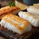 Close-up of pan-seared white fish fillets (cod, haddock, and pollock) with golden crispy edges, served on a rustic wooden board with lemon wedges and parsley garnish