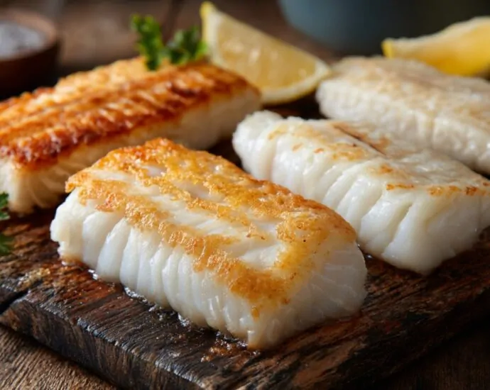 Close-up of pan-seared white fish fillets (cod, haddock, and pollock) with golden crispy edges, served on a rustic wooden board with lemon wedges and parsley garnish