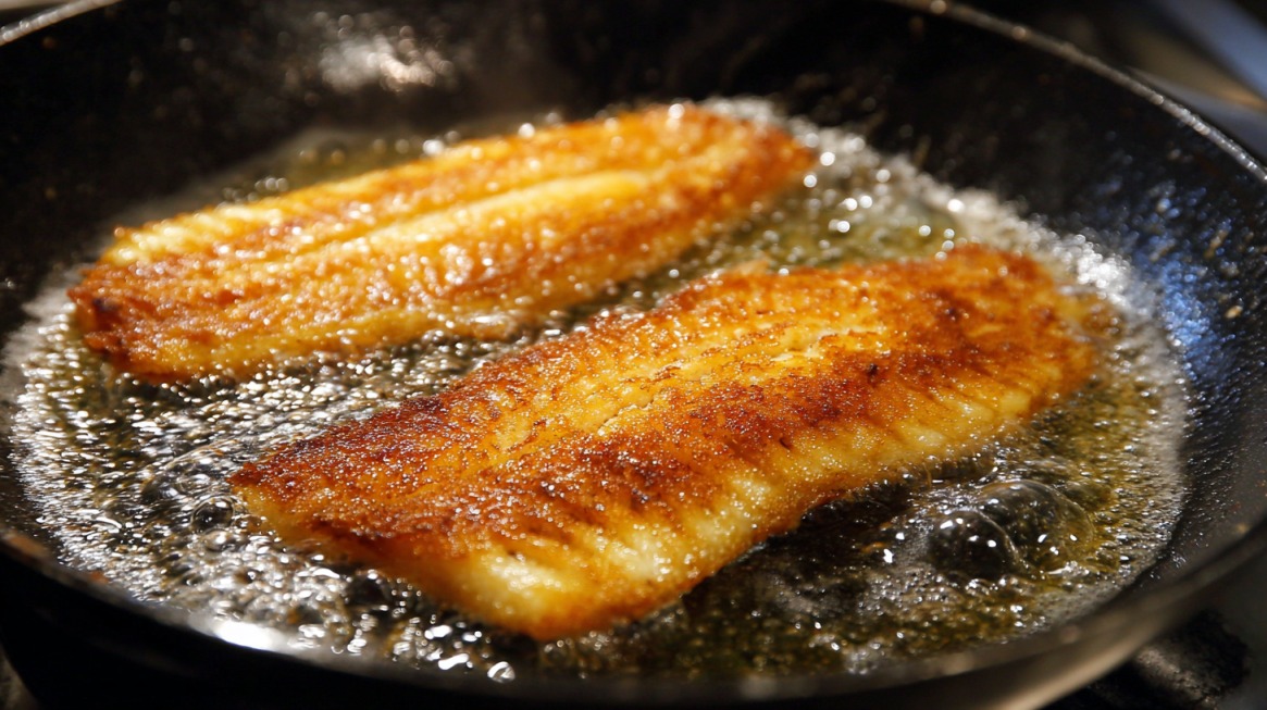 Close-up of two haddock fillets frying in hot oil in a pan, with a crispy golden-brown crust forming on the surface