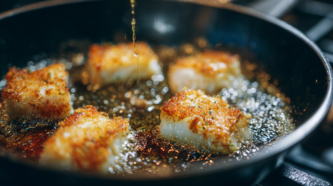 Close-up of several small pollock fillet pieces frying in bubbling oil inside a pan, with a crispy golden-brown crust forming