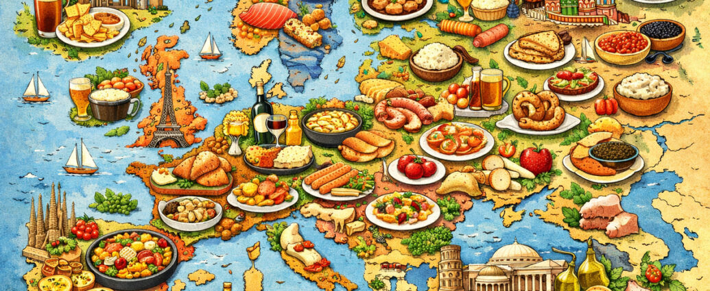 Illustrated European food map showing traditional dishes from different countries across Europe