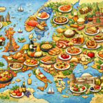 Illustrated European food map showing traditional dishes from different countries across Europe