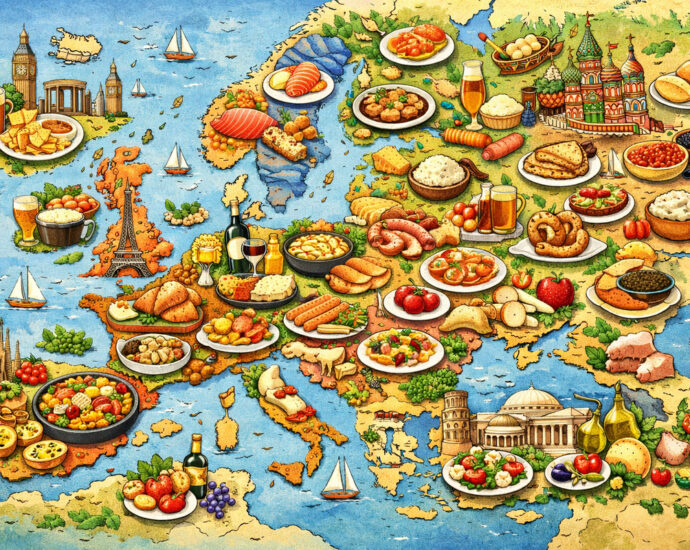 Illustrated European food map showing traditional dishes from different countries across Europe