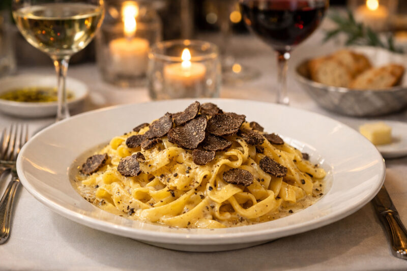 Tagliatelle al Tartufo served in a fine dining restaurant with fresh black truffle shavings